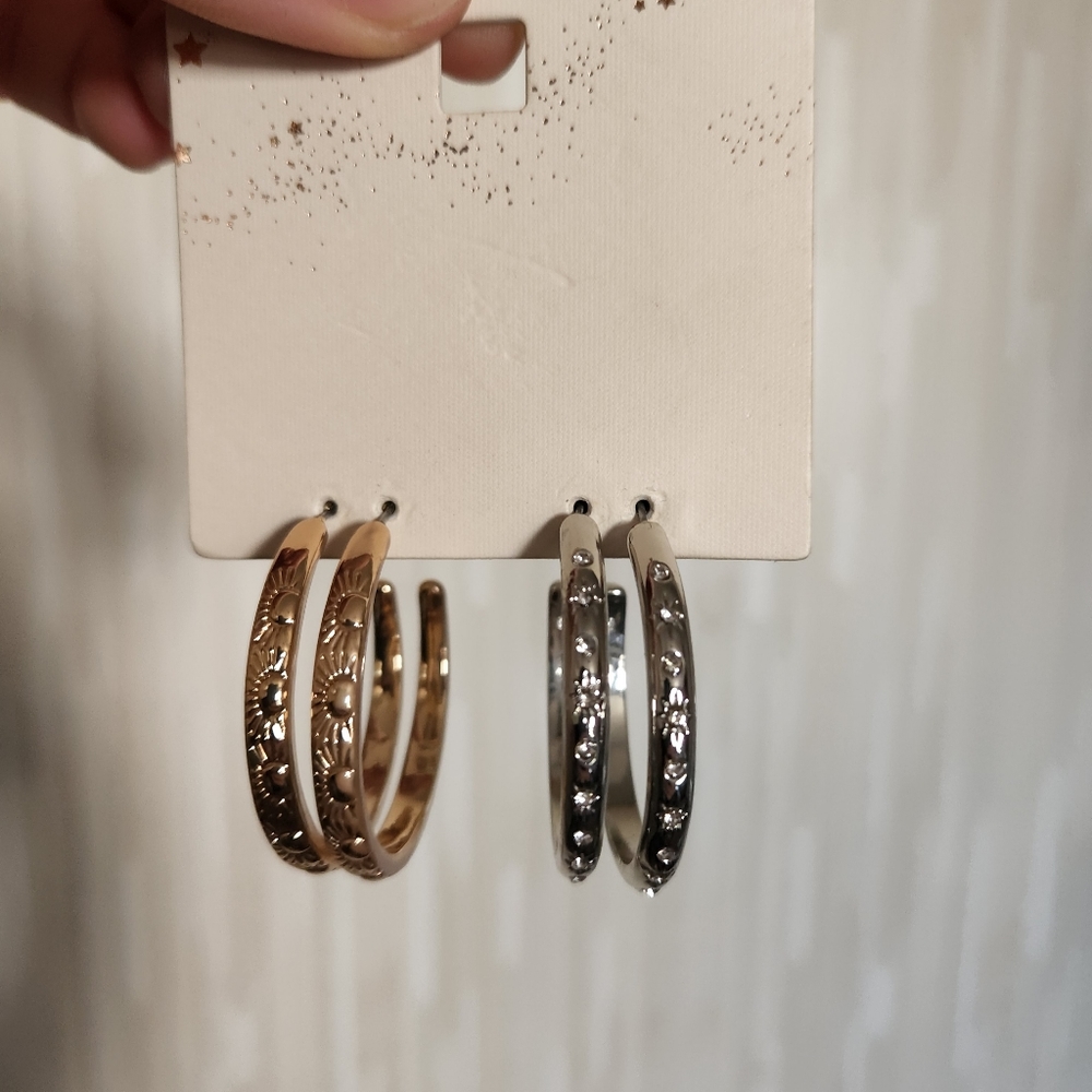 2 pair set of hoop earrings silver and gold